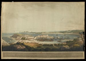 Widok południowy Coruny ze wzgórz w pobliżu klasztoru św. Małgorzaty sztychowany przez H. Merke, opublikowany w 1809 r. (akwatinta kolorowa) autorstwa Francis Lee