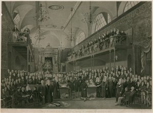 Wnętrze Izby Lordów, Westminster, Londyn, podczas ważnego śledztwa w 1820 r.