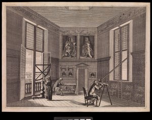 Trzy postacie korzystające ze sprzętu astronomicznego w Wielkiej Sali Gwiezdnej lub Ośmiokątnej Sali w Królewskim Obserwatorium, ok. 1676 r. (rycina) autorstwa Francis Place