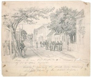 „Main Street, Hampton, Virginia… artyleria strzegąca ulicy” ok. 1860 (ołówek na papierze) autorstwa Francis Schell
