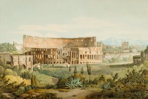 Koloseum ze wzgórz Caelian, 1799 (pióro, atrament i toaleta na papierze) autorstwa Francis Towne