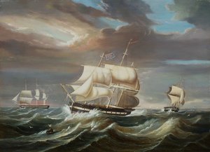 Fregaty Blackwall w sztywnym wietrze (olej) autorstwa Francis Tudgay