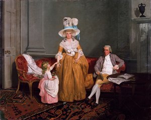 Grupa rodzinna, ojciec siedzi, matka i córka stoją, we wnętrzu, XVIII wiek