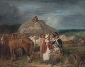 Żołnierz z wiejskimi kobietami sprzedającymi faborki w pobliżu obozu wojskowego autorstwa Francis Wheatley