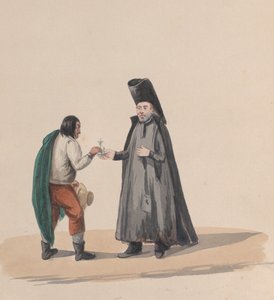 Kanonik wręczający mężczyźnie krucyfiks, z grupy rysunków przedstawiających strój peruwiański, 1848 r. autorstwa Francisco