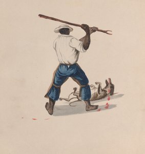 Mężczyzna oglądany od tyłu bijący psa kijem, z grupy rysunków przedstawiających..., ok. godz. 1848