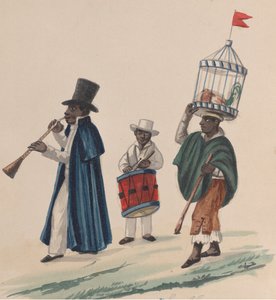 Dwóch muzyków i mężczyzna niosący na głowie koguta w klatce, z grupy..., ca. 1848. autorstwa Francisco