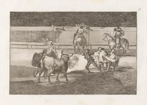 Banderillas de Fuego (Banderille z petardami), płyta 31 z walk byków autorstwa Francisco de Goya