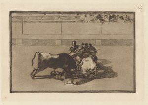 Upadek pikadora z konia poniżej byka (Picador jest bez konia i spada pod bykiem), płyta 26 z La tauromaquia autorstwa Francisco de Goya