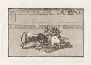 Upadek pikadora z konia poniżej byka (Picador jest bez konia i spada pod bykiem), płyta 26 z La tauromaquia autorstwa Francisco de Goya