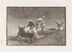 Capean otro encerrado (Bawią się innym z przylądkiem w zagrodzie), płyta 4 z La tauromaquia autorstwa Francisco de Goya