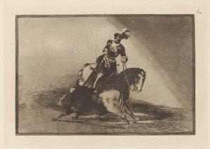 Carlos V. Przebijający byka na Plaza de Valladolid (Charles V. Przebijający byka na ringu w Valladolid), płyta 10 z La tauromaquia autorstwa Francisco de Goya