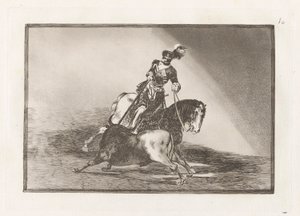 Carlos V. lanceando un toro en la plaza de Valladolid (Charles V wbija byka w pierścień w Valladolid), płyta 10 z La tauromaquia autorstwa Francisco de Goya