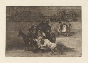 Walka w bryczce zaprzęgniętej do dwóch mułów, płyta G z La tauromaquia (wydanie trzecie) autorstwa Francisco de Goya