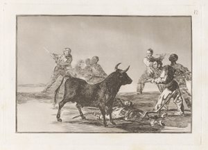 Rabble Hamstring byka z lancami, sierpami, banderillas i innymi ramionami, płyta 12 z La tauromaquia autorstwa Francisco de Goya