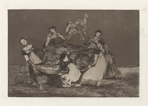 Kobiece szaleństwo, znane również jako Cięższy niż martwy osioł, z serii Los absurdy (Los proverbios) autorstwa Francisco de Goya