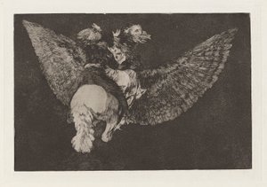 Ulotka nonsensowna (Flying Folly), znana również jako Wyrzec się przyjaciela, który osłania cię swoimi skrzydłami i gryzie cię swoim dziobem, z serii Los disparates (Los proverbios) autorstwa Francisco de Goya
