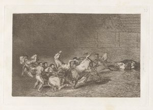 Dwie drużyny pikadorów rzucone jeden po drugim przez jednego byka, płyta 32 z La tauromaquia autorstwa Francisco de Goya