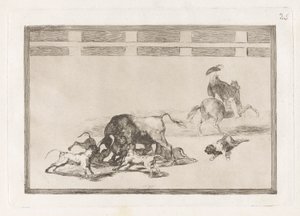 Echan perros al toro (Wypuszczają psy na byka), płyta 25 z La tauromaquia autorstwa Francisco de Goya