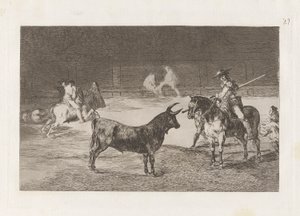 El c?lebre Fernando del Toro, barilarguero, zmusza bestię swoim drągiem (Słynny pikador, Fernando del Toro, ciągnie dziką bestię swoją piką), płyta 27 z La tauromaquia autorstwa Francisco de Goya