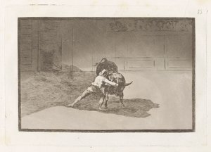 Słynny Martincho putt banderillas al quiebro (Słynny Martincho umieszcza banderille grające na byku ruchem swojego ciała), płyta 15 z La tauromaquia autorstwa Francisco de Goya