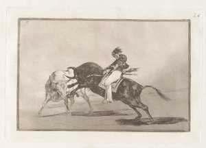 Te same ceballosy na innym byku przebijają Rejones na Plaza de Madrid (Te same ceballosy na innym byku łamią krótkie włócznie na ringu w Madrycie), płyta 24 z La tauromaquia autorstwa Francisco de Goya
