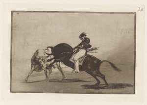 Te same ceballosy na innym byku przebijają Rejones na Plaza de Madrid (Te same ceballosy na innym byku łamią krótkie włócznie na ringu w Madrycie), płyta 24 z La tauromaquia autorstwa Francisco de Goya