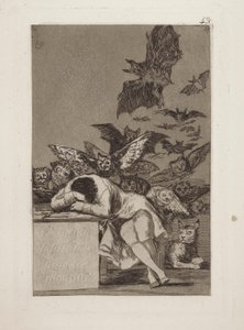 Marzenie o przyczynie rodzi potwory. (Sen rozumu rodzi potwory.), pl. 43 z serii Kaprysy autorstwa Francisco de Goya