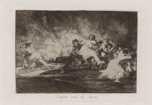 Uciekają przez płomienie, płyta 41 z Klęsk wojennych autorstwa Francisco de Goya