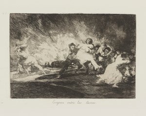 Uciekają w płomienie. (Uciekają przez płomienie.), pl. 41 z cyklu Katastrofy wojny autorstwa Francisco de Goya