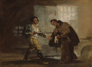 Brat Pedro ofiarowuje El Maragato buty i przygotowuje się do odepchnięcia swojej broni, ok. godz. 1806. autorstwa Francisco de Goya