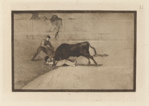Pechowa śmierć Pepe Illo na ringu w Madrycie (Nieszczęśliwa śmierć Pepe Illo na ringu w Madrycie), płyta 33 z La tauromaquia autorstwa Francisco de Goya