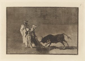Maurowie robią kolejną pelerynę na placu ze swoimi albornozami (Maurowie grają inną grę na ringu Wzywając byka swoim Burnous), płyta 6 z La tauromaquia autorstwa Francisco de Goya