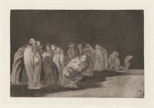Los ensacados (Mężczyźni w workach), znany również jako So el sayal, hay al (Istnieje coś pod workiem), z serii Los disparates (Los proverbios) autorstwa Francisco de Goya