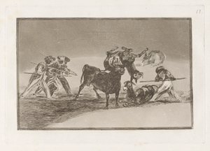 Palenque de los moros hecho con burros para defenseerse del toro embolado (Maurowie używają osłów jako bariery w obronie przed bykiem, którego rogi zostały zakończone kulkami), płyta 17 z La tauromaquia autorstwa Francisco de Goya