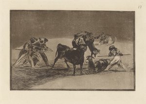 Palenque de los moros hecho con burros para defenseerse del toro embolado (Maurowie używają osłów jako bariery w obronie przed bykiem, którego rogi zostały zakończone kulkami), płyta 17 z La tauromaquia autorstwa Francisco de Goya
