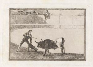 Pedro Romero zabija? stojący byk (Pedro Romero zabija zatrzymanego byka), płyta 30 z La tauromaquia autorstwa Francisco de Goya