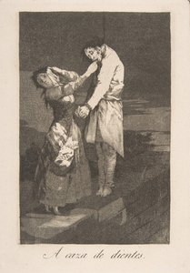 Tablica 12 z Los Caprichos: Polowanie na zęby A caza des dientes., 1799. autorstwa Francisco de Goya