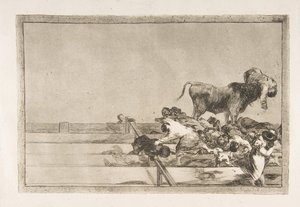Tablica 21 z Tauromachii: Straszne wydarzenia w pierwszych rzędach ringu w Madrycie a..., 1816. autorstwa Francisco de Goya