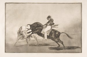 Tablica 24 Tauromachii: Ten sam Ceballos, jadący na innym byku, łamie krótką włócznię..., 1816. autorstwa Francisco de Goya