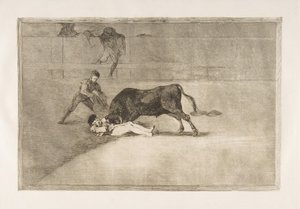Tablica 33 z Tauromachii: Pechowa śmierć Pepe Illo na ringu w Madrycie, 1816. autorstwa Francisco de Goya