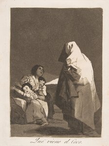 Płyta 3 z Los Caprichos: Oto straszak Que przychodzący el Coco., 1799. autorstwa Francisco de Goya