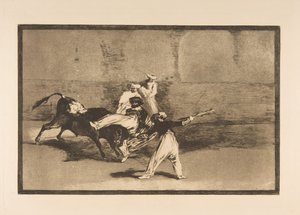 Tablica 8 z Tauromachii: Wrzosowisko złapane przez byka na ringu, ok. godz. 1816. autorstwa Francisco de Goya