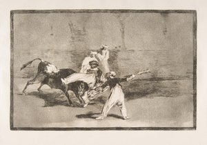 Tablica 8 Tauromaquia: Maur złapany przez byka na ringu, 1816. autorstwa Francisco de Goya