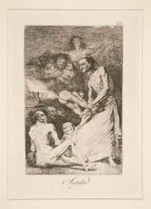 Sopla (Blow), pl. 69 z cyklu Los caprichos autorstwa Francisco de Goya