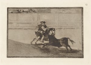 Un caballero espa?ol en plaza quebrando rejoncillos sin auxilio de los chulos (Hiszpański rycerz na ringu łamiący krótkie włócznie bez pomocy asystentów), płyta 13 z La tauromaquia autorstwa Francisco de Goya