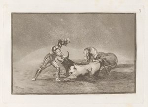 Hiszpański rycerz zabija byka po zgubieniu konia (Hiszpański rycerz zabija byka po zgubieniu konia), płyta 9 z La tauromaquia autorstwa Francisco de Goya