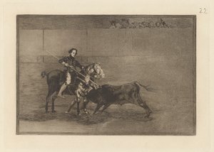 Valor manil de la c?lebre Pajuelera en la de Zaragoza (męska odwaga celebrowanej Pajuelera w [pierścieniu] w Saragossie), płyta 22 z La tauromaquia autorstwa Francisco de Goya