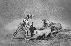 Hiszpański rycerz zabija byka po utracie konia, płyta 9 „Sztuka walki byków”, wyd. 1816 (akwaforta) autorstwa Francisco Jose de Goya y Lucientes