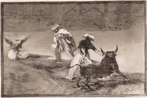 Walka byków: Maurowie bawią się w pelerynę z innym bykiem w zagrodzie autorstwa Francisco de Goya